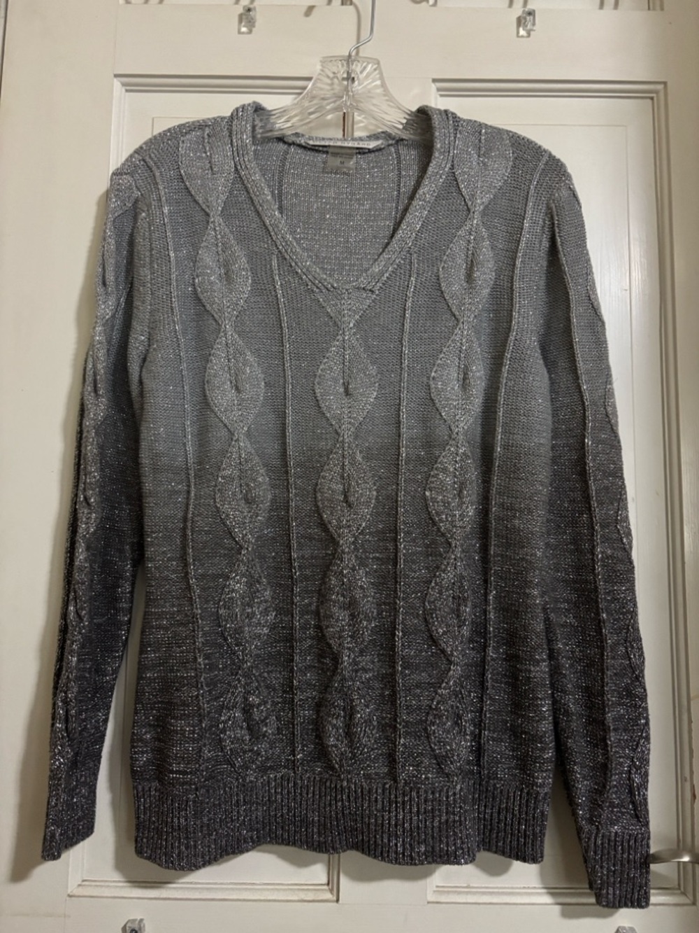 Metallic Gray V-Neck Cable Knit Sweater
